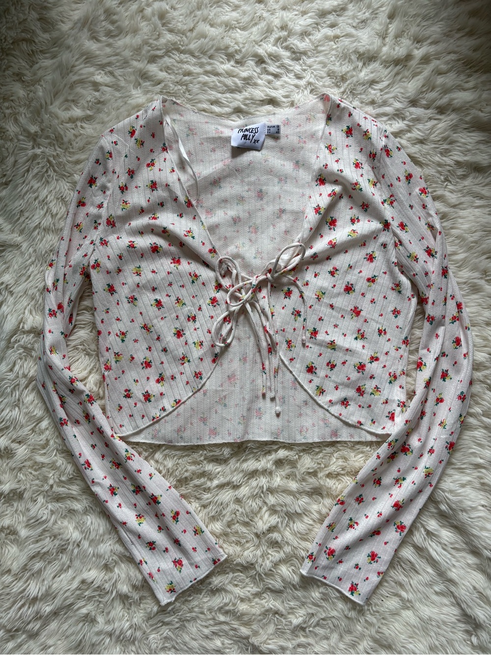 Princess Polly White Floral Tie-Front Long Sleeve Crop